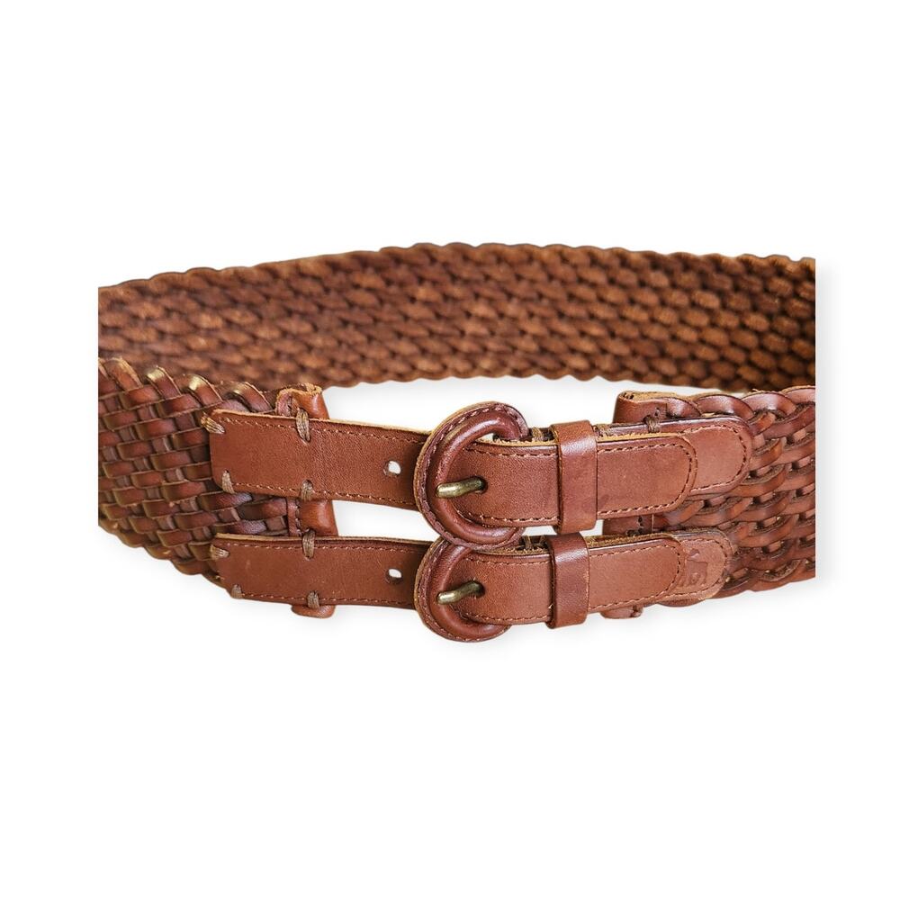 Y2K Abercrombie Fitch Wide Braided Double Buckle Brown Leather Belt Women Small